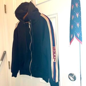 Authentic Gucci Black Zip Hoodie Sz Small 100% Cotton/ Embroidered Iconic Stripe